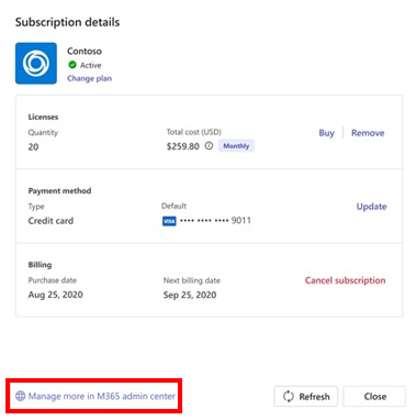 Screenshot shows how to manage the additional subscriptions in M365 admin center.